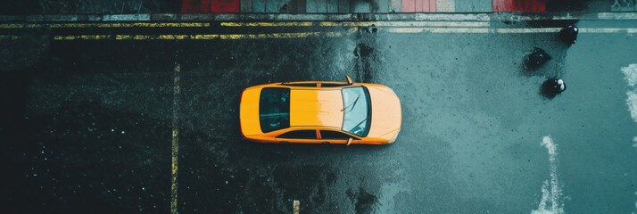 Poster - Urban Mobility Reimagined Aerial Perspective of Vibrant Yellow Electric Vehicle on Wet City Street - Sustainable Transportation Design and Smart Mobility Innovation