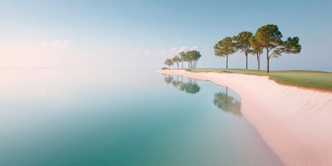 Poster - Serene Minimalist Landscape Tranquil Coastal Golf Course Horizon with Soft Pastel Reflections - Mindful Wellness and Luxury Resort Design Inspiration