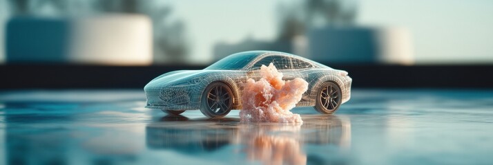 Aufkleber - Hyperrealistic AI- Automotive Design Futuristic Electric Vehicle Prototype Emerging from Digital Metamorphosis with Liquid Metallic Transformation