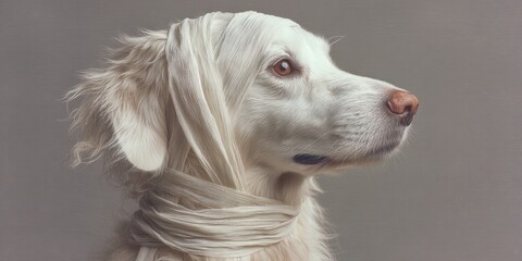 Poster - Minimalist Contemporary Pet Ethereal White Dog Portrait Exploring Textural Abstraction with Soft Monochromatic Design for Premium Brand Storytelling