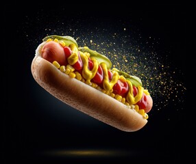 Aufkleber - Culinary Motion Design Dynamic Floating Gourmet Hot Dog with Cinematic Gold Particle Explosion - Next-Gen Food and Digital Marketing Aesthetic