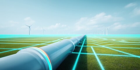 Poster - Futuristic Green Hydrogen Infrastructure Sleek Silver Pipeline Connecting Renewable Energy Landscape with Next-Gen Clean Technology Vision