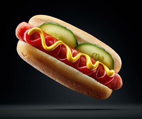 Poster - Dynamic Culinary Design Levitating Gourmet Hot Dog with Artisan Condiments - Next-Gen Food and Digital Gastronomy Branding