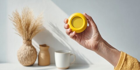 Aufkleber - Minimalist Wellness Moment Vibrant Yellow Container in Soft Textural Home Setting - Mindful Living and Contemporary Self-Care Aesthetic