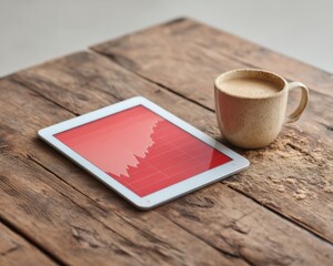 Poster - Economic Anxiety Visualized Minimalist Tablet Dashboard Revealing Market Volatility on Rustic Workspace - Financial Stress and Digital Investment Insights for Modern Professionals