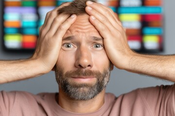 Fototapete - Financial Stress Signals Anxious Investor Market Volatility Portrait - Emotional Tech-Era Economic Uncertainty Visualization for Digital Branding