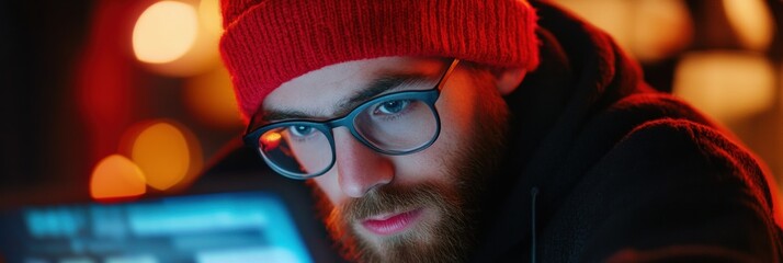 Fototapete - Hyper-Focused Digital Native Immersive Tech Experience of Young Professional in Vibrant Urban Nightscape, Capturing Gen Z Entrepreneurial Intensity and Innovative Workspace Dynamics