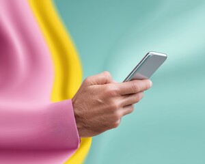 Leinwandbilder - Vibrant Digital Connectivity Millennial Professional Engaging Sleek Smartphone Against Retro Color Blocking - Minimalist Tech Interaction in Modern Workspace