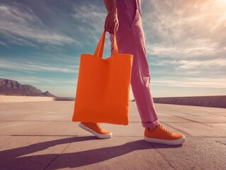 Fototapete - Urban Minimalist Fashion Vibrant Orange Tote Bag Meets Desert Landscape - Dynamic Mobility and Contemporary Style for Gen Z Creative Professionals