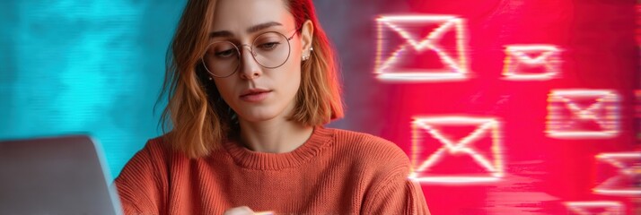 Aufkleber - Digital Nomad Workflow Gen Z Professional Crafting Dynamic Email Campaigns with Minimalist Tech Aesthetics in Vibrant Creative Workspace