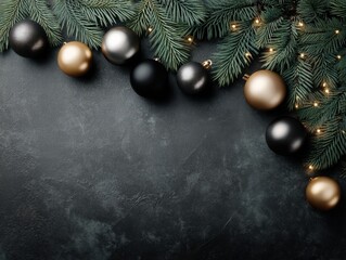 Aufkleber - Luxe Dark Holiday Mockup Metallic Gold and Obsidian Ornaments with Evergreen Pine on Dramatic Slate - Premium Digital Marketing and Festive E-Commerce Branding Asset