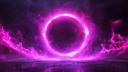 a stunning image of abstract neon sphere of glowing particles and waves on dark backdrop. circle wit