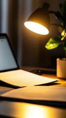 Leinwandbilder - Modern Digital Workspace Illumination Minimalist Home Office Workflow with Warm LED Desk Lamp, Creative Content Production and Productivity Styling
