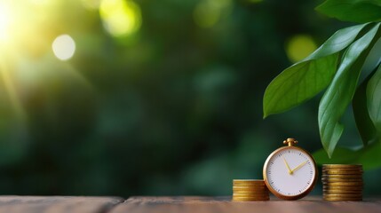 Poster - Minimalist Financial Wellness Vintage Pocket Watch and Golden Coins in Eco-Conscious Time Management - Investment Strategy Meets Sustainable Lifestyle Design