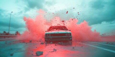 Aufkleber - Cinematic Urban Destruction Retro Muscle Car Explosion in Surreal Teal-Coral Palette - Immersive Visual Storytelling for Digital Media Campaigns