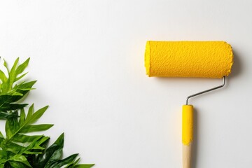 Aufkleber - Minimalist Home Renovation Mockup Vibrant Yellow Paint Roller with Biophilic Green Foliage - Modern Interior Design Transformation Concept