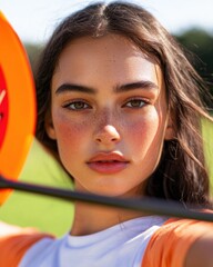 Poster - Empowered Gen Z Athlete Dynamic Outdoor Archery Portrait Capturing Precision Sports, Wellness Mindset and Inclusive Performance Potential