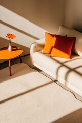 Poster - Minimalist Warm Tones Living Space Contemporary Interior Design with Golden Hour Lighting, Ergonomic Furniture and Bold Color Accents for Modern Home Styling