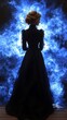 © Terlalu - A woman in a long black dress stands against a blue smoke background