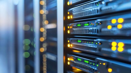 Poster - Modern server room with glowing orange and green LED indicators and defocused background, great for cloud hosting, IT support, and infrastructure imagery