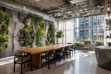 Wall Mural - a living green wall, comprising a vertical garden indoors with flowers and plants, is illuminated by