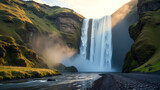 cinematic waterfall cascades rocky face skogafoss iceland surrounded lush greenery bathed soft warm