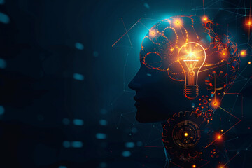 Wall Mural - technology head with a brain light bulb and abstract gears depicting smart intellect and wisdom