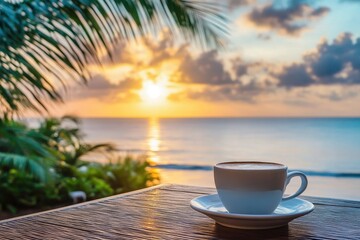 Wall Mural - Enjoying a cup of coffee while watching the tropical sunset over the calm ocean, Cup of coffee on table with tropical sunset view on cozy patio Relaxing and serene outdoor concept