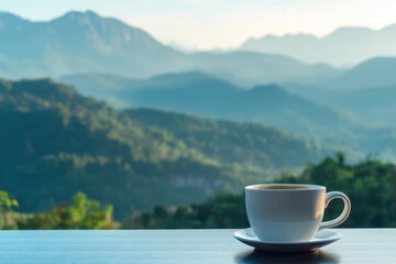 Wall Mural - Enjoying coffee with breathtaking mountain views in the morning light, A cup of coffee on a table with a stunning mountain view in the background