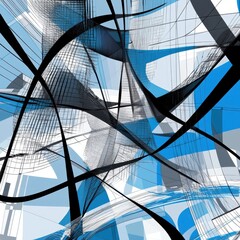 Wall Mural - dynamic abstract composition featuring flowing black lines and geometric shapes in shades of blue an
