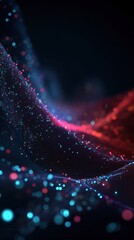 Wall Mural - abstract digital wave with flowing particles in red and blue hues against a dark backdrop creating a