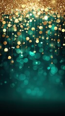 Wall Mural - elegant golden glitter circles cascading on emerald green backdrop creating a festive and luxurious 