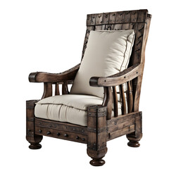 Poster - Medieval rustic wooden armchair with iron nails and wool cushion isolated on a empty plain background_