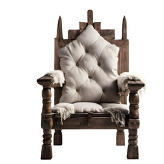 Poster - Medieval rustic wooden armchair with iron nails and wool cushion isolated on a empty plain background_