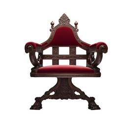 Poster - Middle Ages throne-style armchair with dark oak wood and crimson velvet isolated on a empty plain background