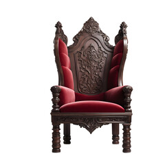 Poster - Middle Ages throne-style armchair with dark oak wood and crimson velvet isolated on a empty plain background