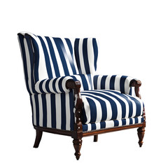 Poster - Nautical-themed blue and white striped armchair isolated on a empty plain background