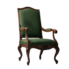 Poster - Old colonial-style armchair in dark wood and deep green linen isolated on a empty plain background