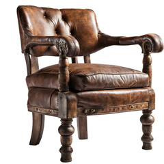 Poster - Rustic country-style armchair with distressed leather and wooden arms isolated on a empty plain background