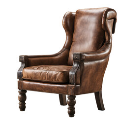 Poster - Rustic country-style armchair with distressed leather and wooden arms isolated on a empty plain background