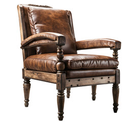 Poster - Rustic country-style armchair with distressed leather and wooden arms isolated on a empty plain background