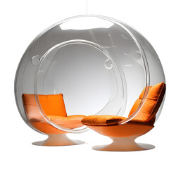 Poster - Space-age bubble armchair in translucent acrylic with orange cushions isolated on a empty plain background