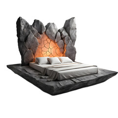 Poster - Fantasy floating rock slab bed with glowing runes, isolated on a empty plain background