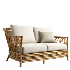 Poster - Contemporary eco-friendly bamboo frame and hemp fabric sofa, isolated on a empty plain background