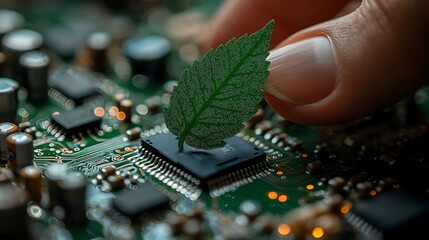 a green leaf placed on a computer chip, symbolizing the connection between nature and technology