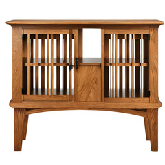 Poster - Arts and Crafts mission-style oak TV stand with vertical slats, isolated on a empty plain background