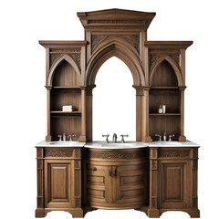 Poster - Tudor oak vanity with linenfold panel details and gothic arches, isolated on a empty plain background