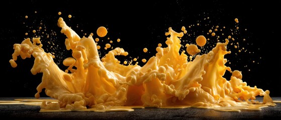 Wall Mural - dynamic splash of vibrant yellow liquid against a stark black background creating a captivating visu
