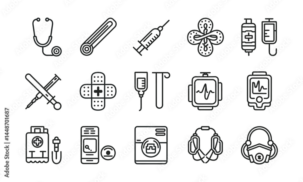 Medical Equipment and Healthcare Icons Set, Outline Vector Icons of Medical Equipment, Healthcare Devices, and Hospital Tools