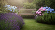 © Tia - Idyllic Garden Scene Featuring Wooden Bench and Abundant Floral Displays